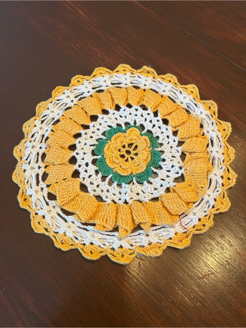 Handmade Crochet Round Doily in Yellow, White & Green 8 in